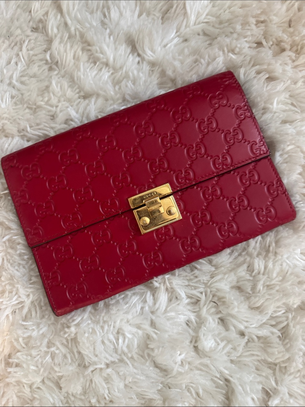 Gucci Red GG Embossed Patent Leather Clutch with Gold Lock
